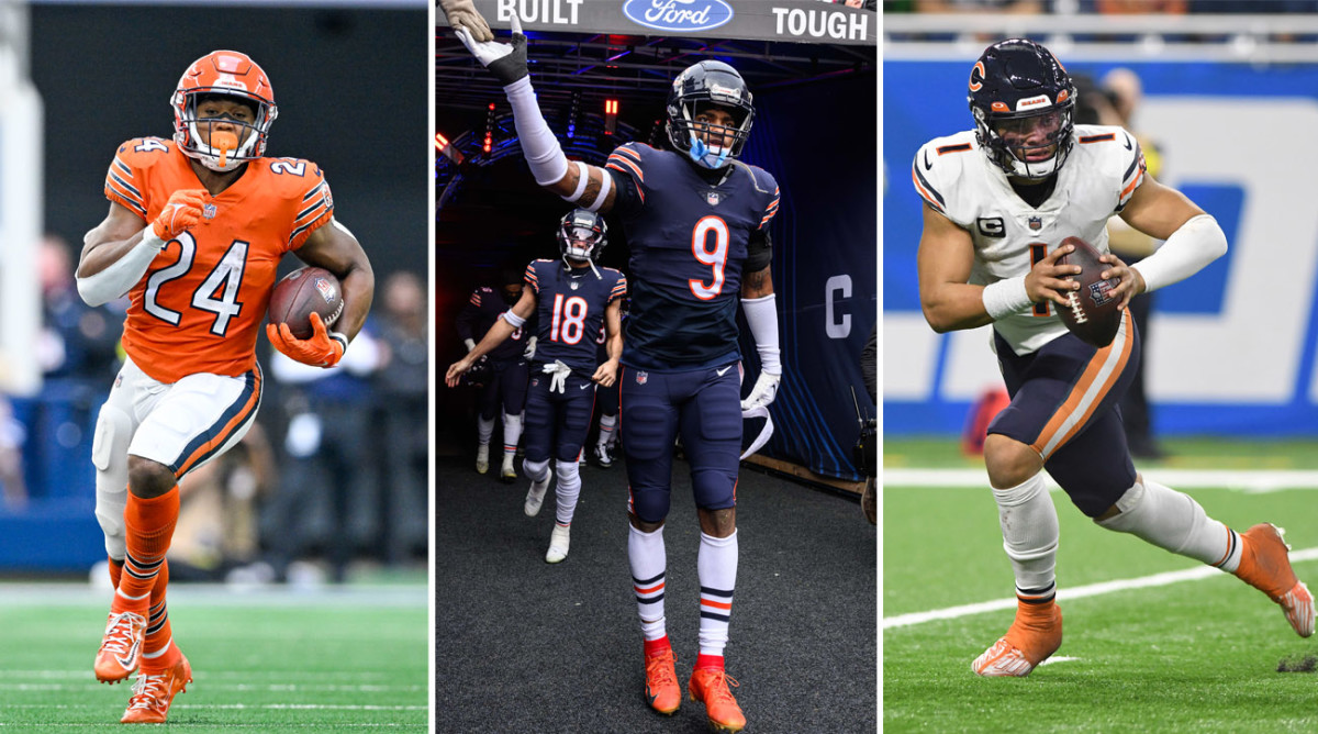 Khalil Herbert runs with the balls; Jaquan Brisker walks onto the field via tunnel and high fives a fan above; Justin Fields runs with the quarterback